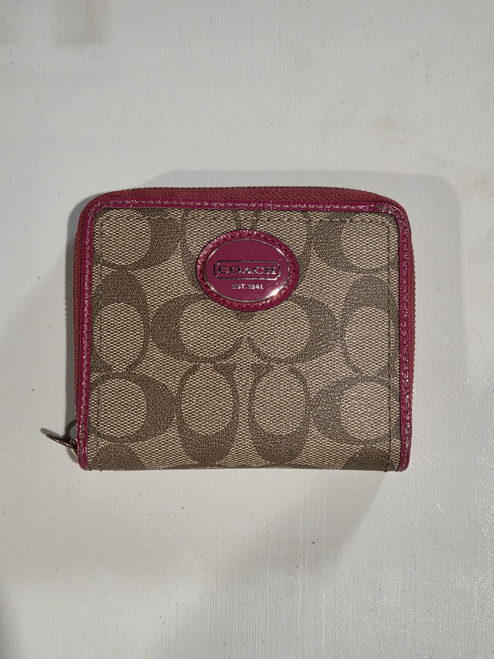 COACH PEYTON Signature Zip Around Wallet in Brown with Pink Trim